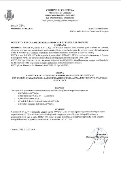 Revocata l'ordinanza di non potabilità per il pozzo Selva Luce