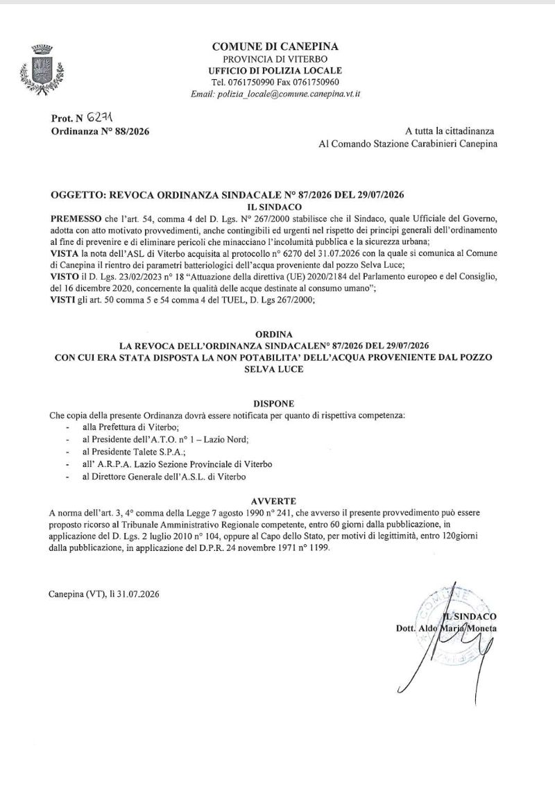 ordinanza revoca non potabilità acqua luglio 2026
